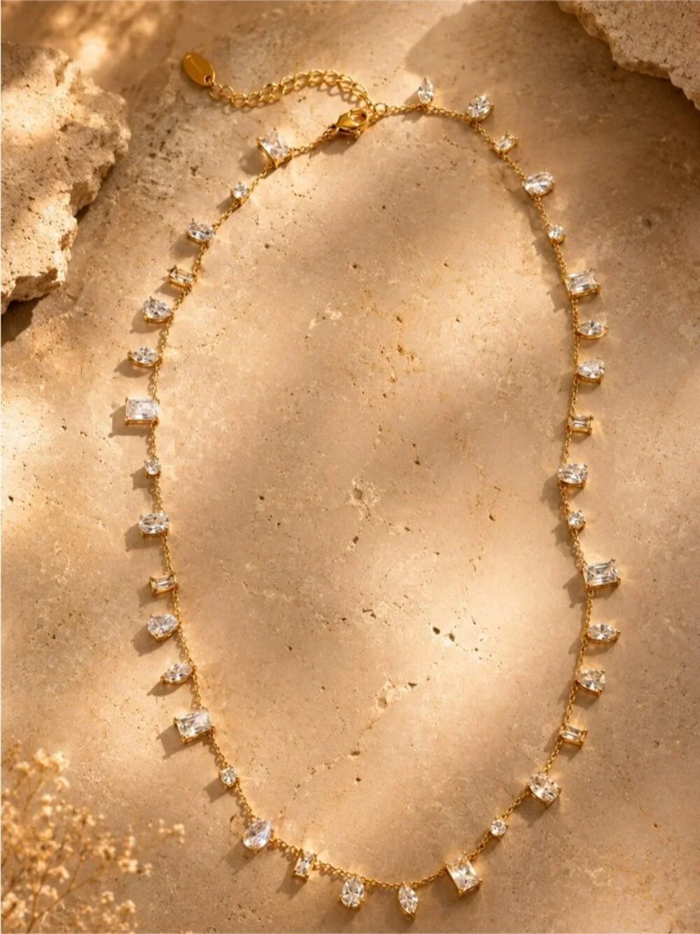 Gold Necklace with Clear Crystal Drops